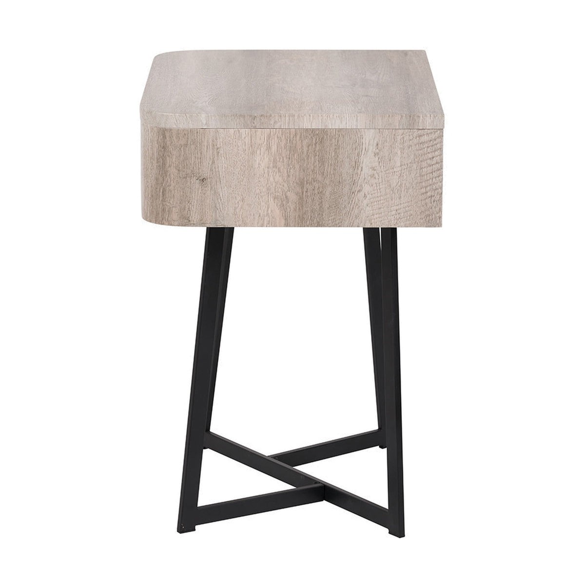 Ukiah Grey Oak Veneer & Black Metal 1 Drawer Unit, side view showing wood-effect top and body on angled black metal cross-frame legs, plain white background.