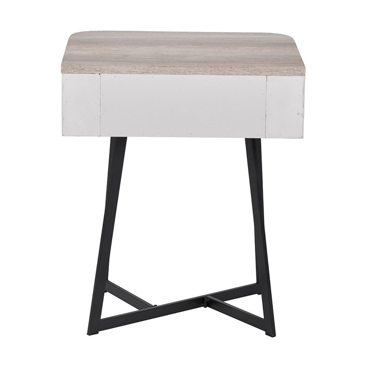 Ukiah 1 drawer unit with grey oak veneer top, white drawer front, and angled black metal legs with cross-brace base, shown on a plain white background.
