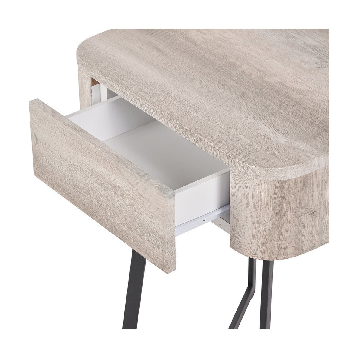 Close-up of the Ukiah grey oak veneer chest of drawers, showing an open drawer with white interior, rounded corners, and angled black metal legs.