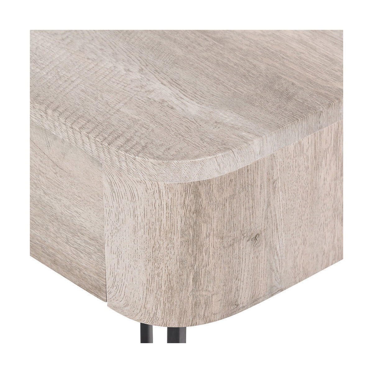 Close-up of the Ukiah Grey Oak Veneer & Black Metal 1 Drawer Unit, showing a rounded corner with visible oak grain texture and black metal legs on a white background.