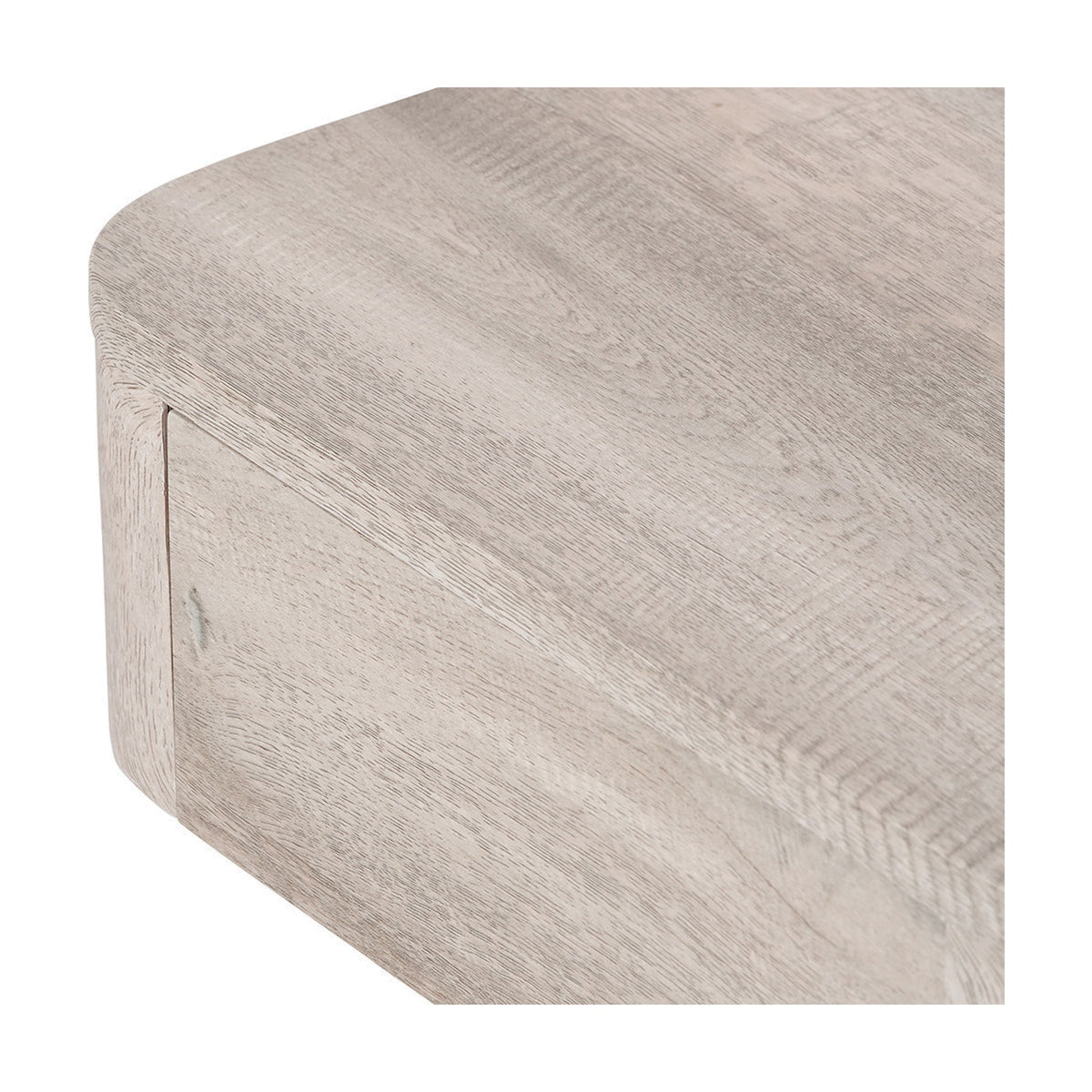 Close-up of the Ukiah Grey Oak Veneer & Black Metal 1 Drawer Unit's rounded corner, showing grey oak woodgrain finish and mitred edge detail on a white background.