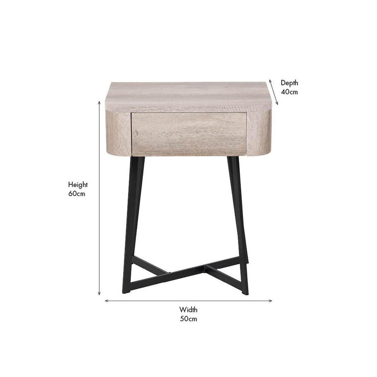 Ukiah 1 drawer unit with rounded grey oak veneer top and single drawer, angled black metal legs, shown with dimension labels for width, depth and height on a white background.