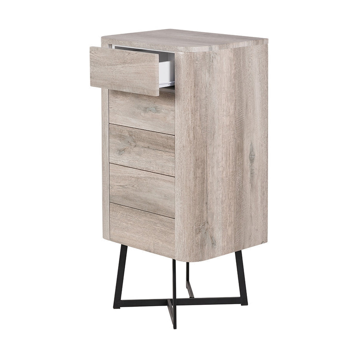 Ukiah tall chest of drawers in grey oak veneer with five drawers, black metal angled legs, and top drawer shown open, on a plain white background.
