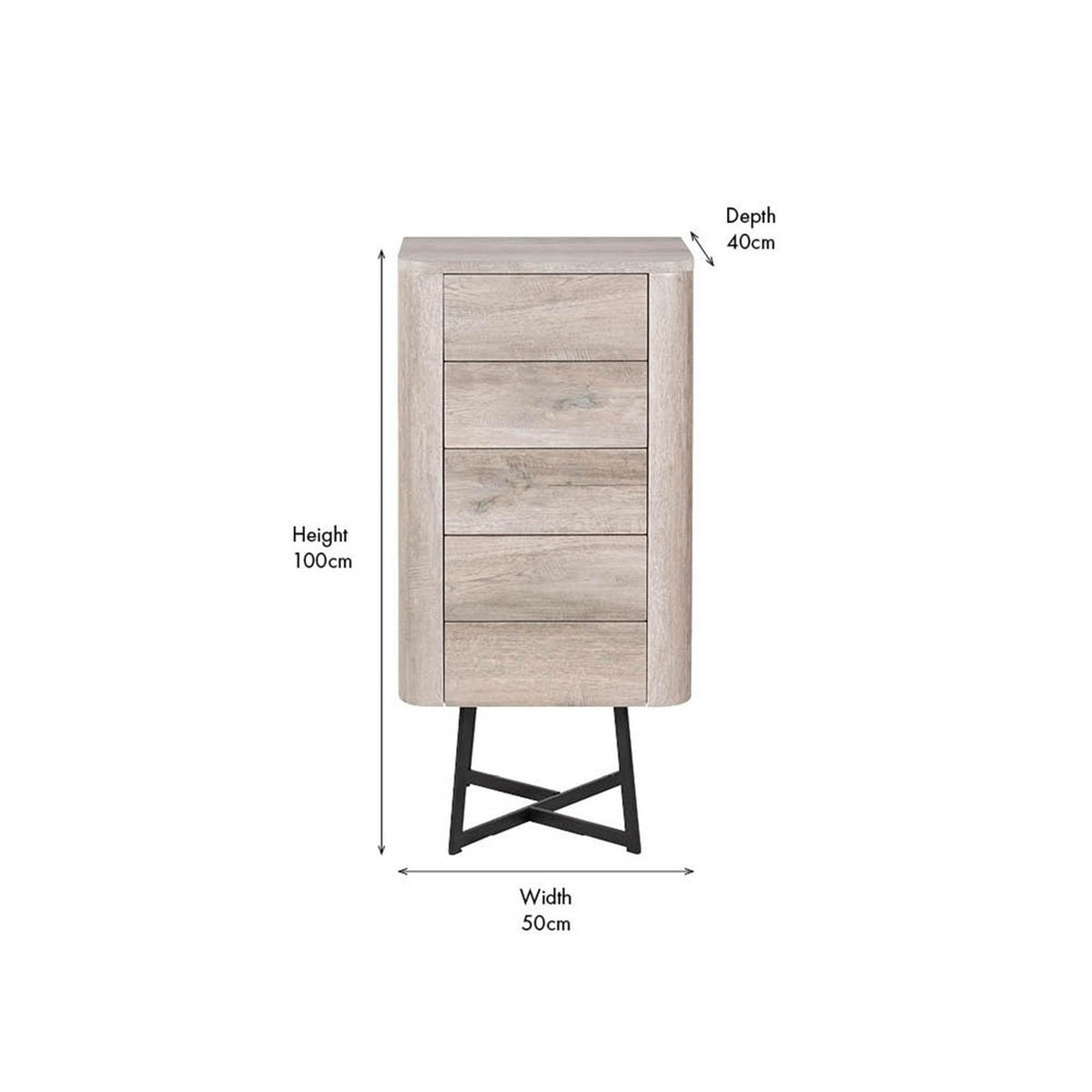 Ukiah grey oak veneer 5 drawer tall chest with rounded corners and black crossed metal legs, shown with dimensions: height 100cm, width 50cm, depth 40cm.