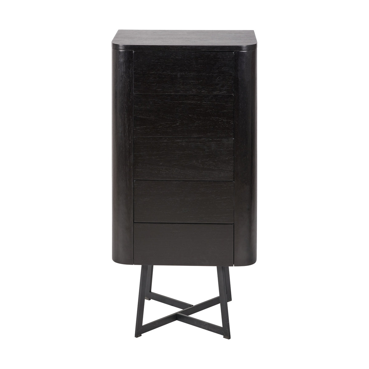Ukiah Black Ash Veneer & Metal 5 Drawer Tall Unit, 100cm chest of drawers with rounded corners on angled black metal cross-frame legs, shown on a plain white background.