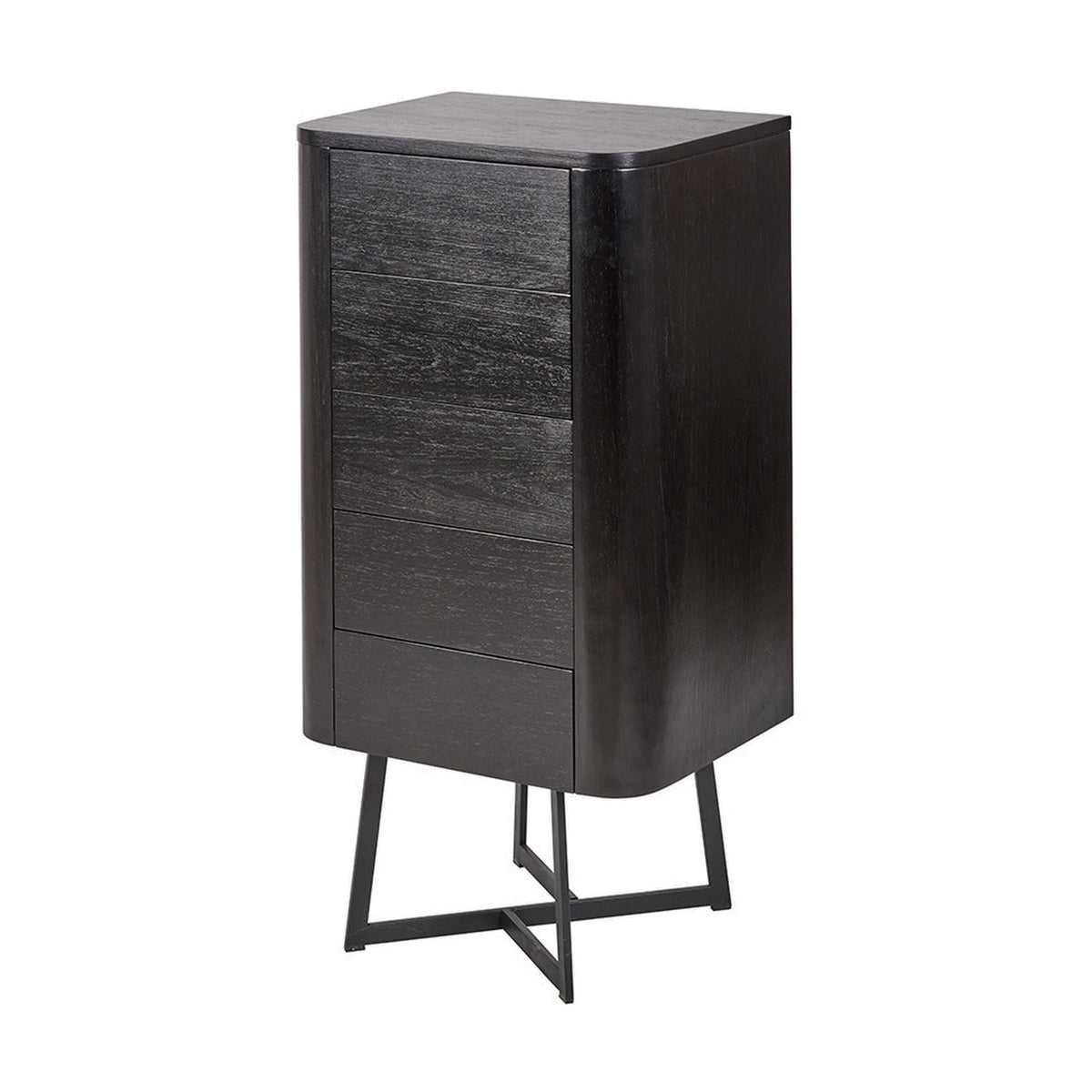 Ukiah Black Ash Veneer & Metal 5 Drawer Tall Unit, a tall chest of drawers with rounded corners and cross-frame metal legs, shown on a plain white background.