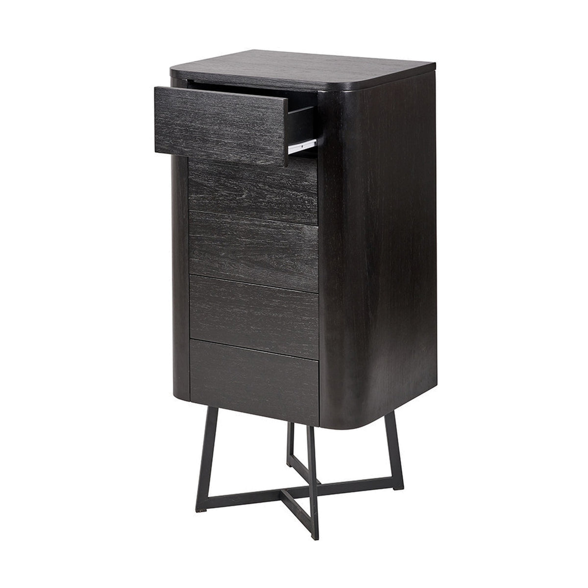 Ukiah Black Ash Veneer & Metal 5 Drawer Tall Unit with rounded corners, top drawer open, on angled black metal legs against a plain white background.