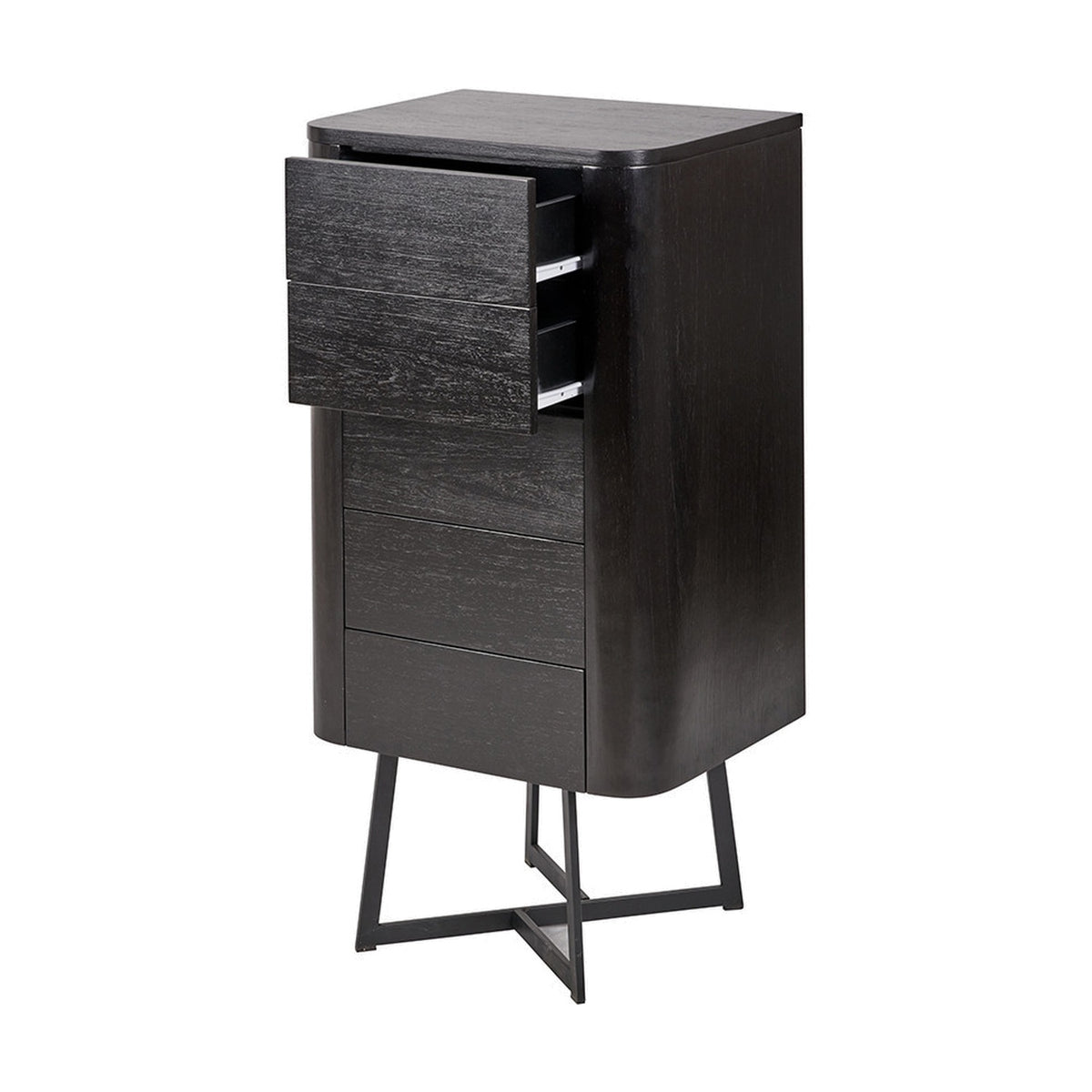 Ukiah Black Ash Veneer & Metal 5 Drawer Tall Unit, 100cm chest of drawers with two top drawers open, rounded corners, and angled black metal legs on a white background.