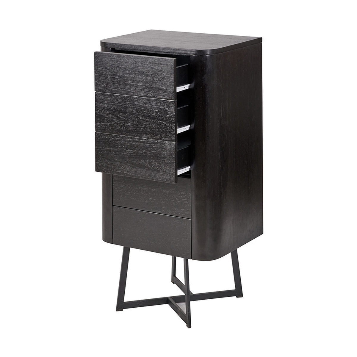Ukiah Black Ash Veneer & Metal 5 Drawer Tall Unit with three drawers open, rounded top corners, and slim black metal cross-frame legs, shown on a plain white background.