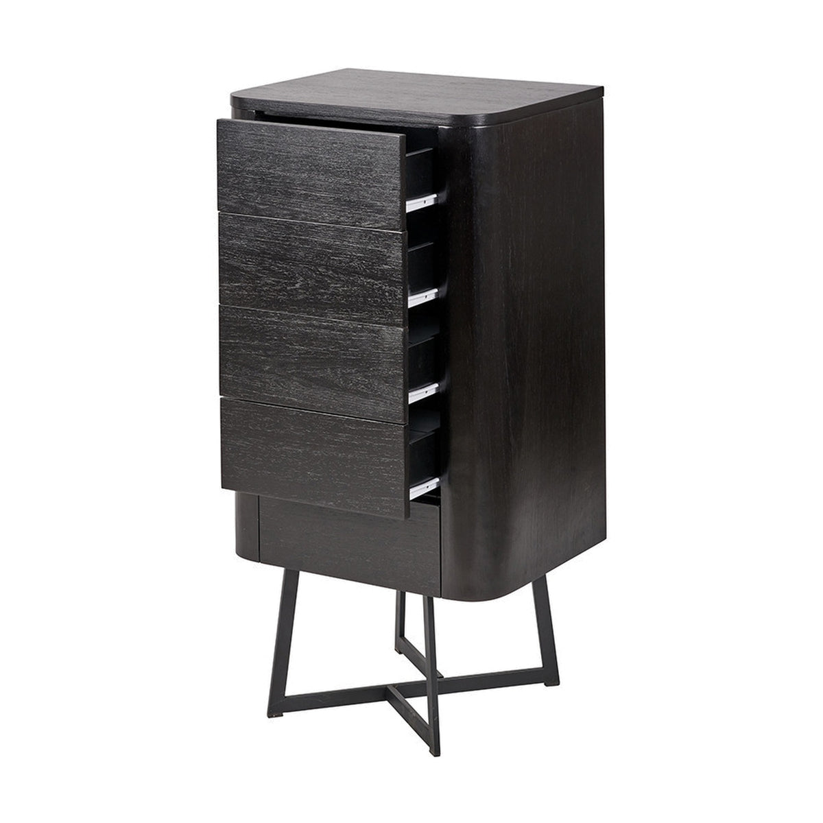 Ukiah Black Ash Veneer & Metal 5 Drawer Tall Unit with drawers open showing metal runners, rounded top corners, and angled black metal legs on a plain background.