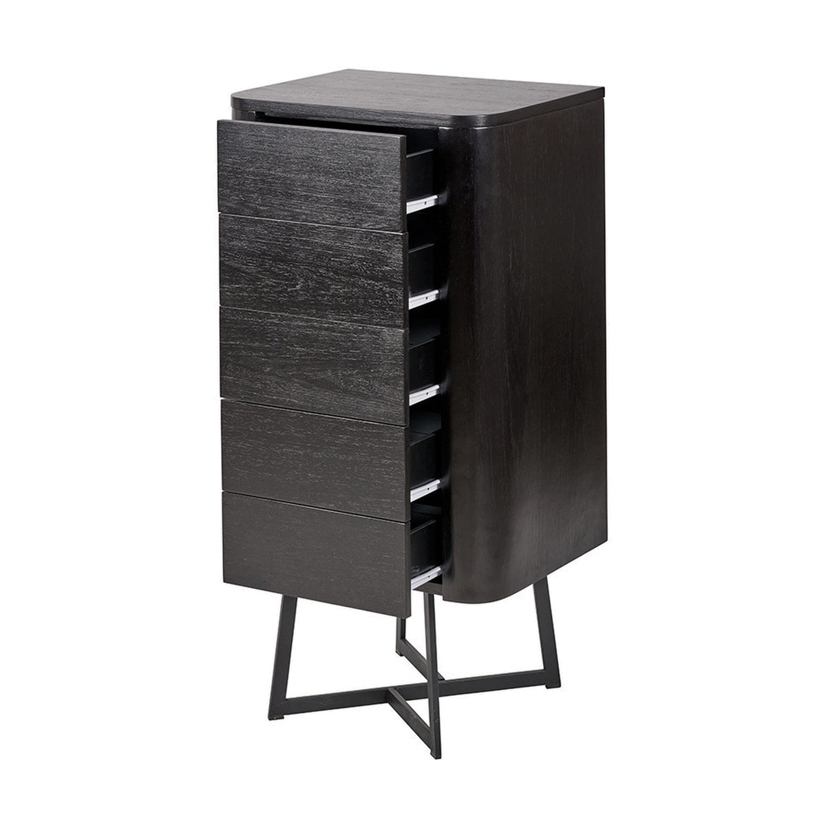 Ukiah black ash veneer tall chest of drawers with five open drawers showing metal runners, rounded top, and black metal cross-frame legs on a white background.