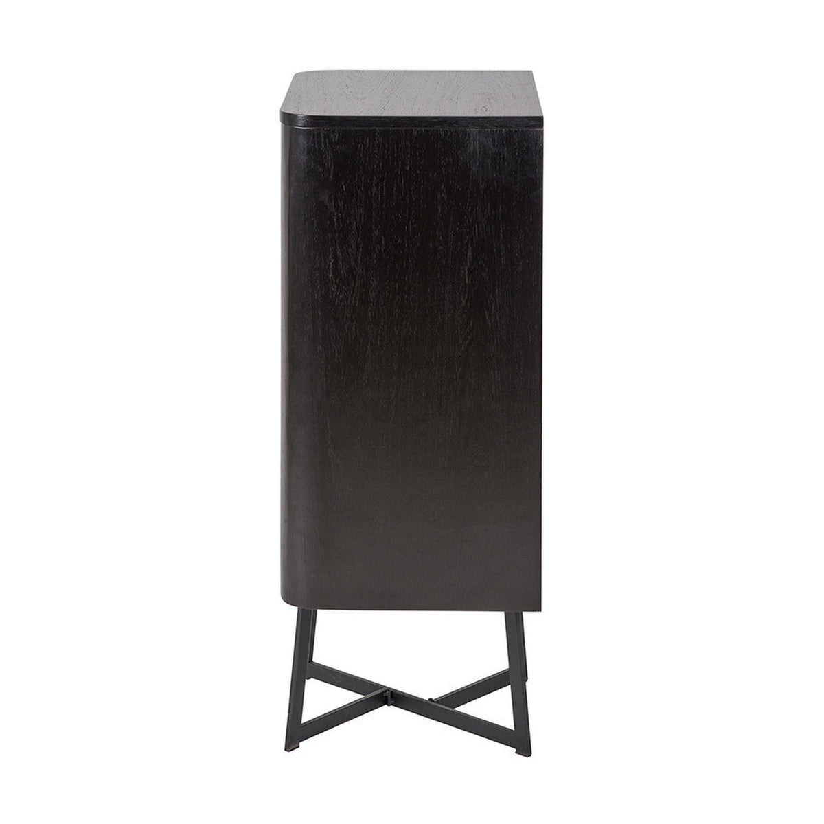 Side view of the Ukiah black ash veneer chest of drawers, 100cm tall, with a rounded top edge and angled black metal crossed legs, on a plain white background.