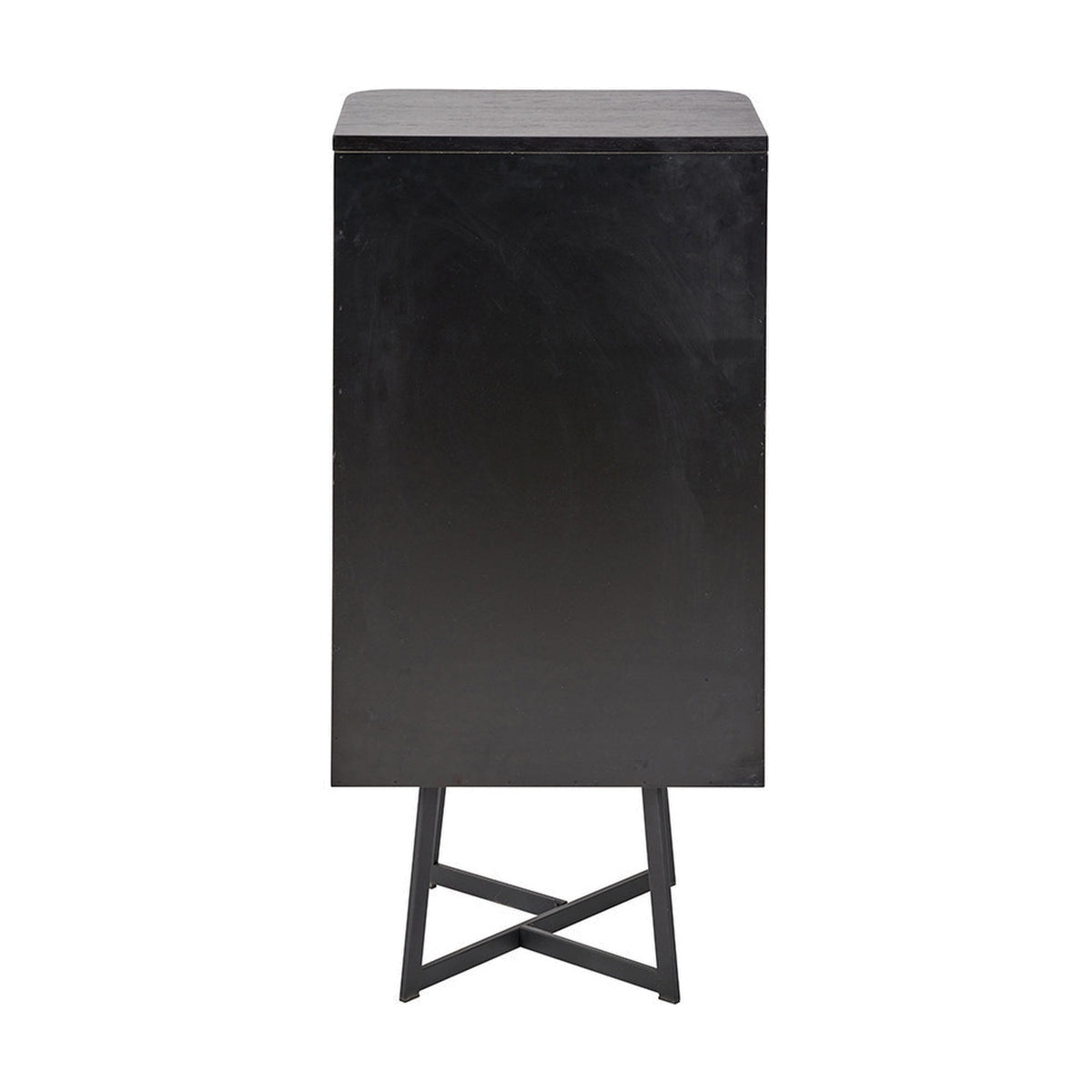 Ukiah Black Ash Veneer & Metal 5 Drawer Tall Unit shown from the back, with a solid black panel body and angled cross-brace metal legs on a plain white background.