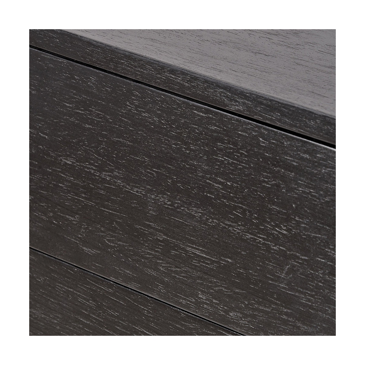 Close-up of the Ukiah Black Ash Veneer & Metal 5 Drawer Tall Unit, showing the woodgrain texture and drawer seam in a black finish.