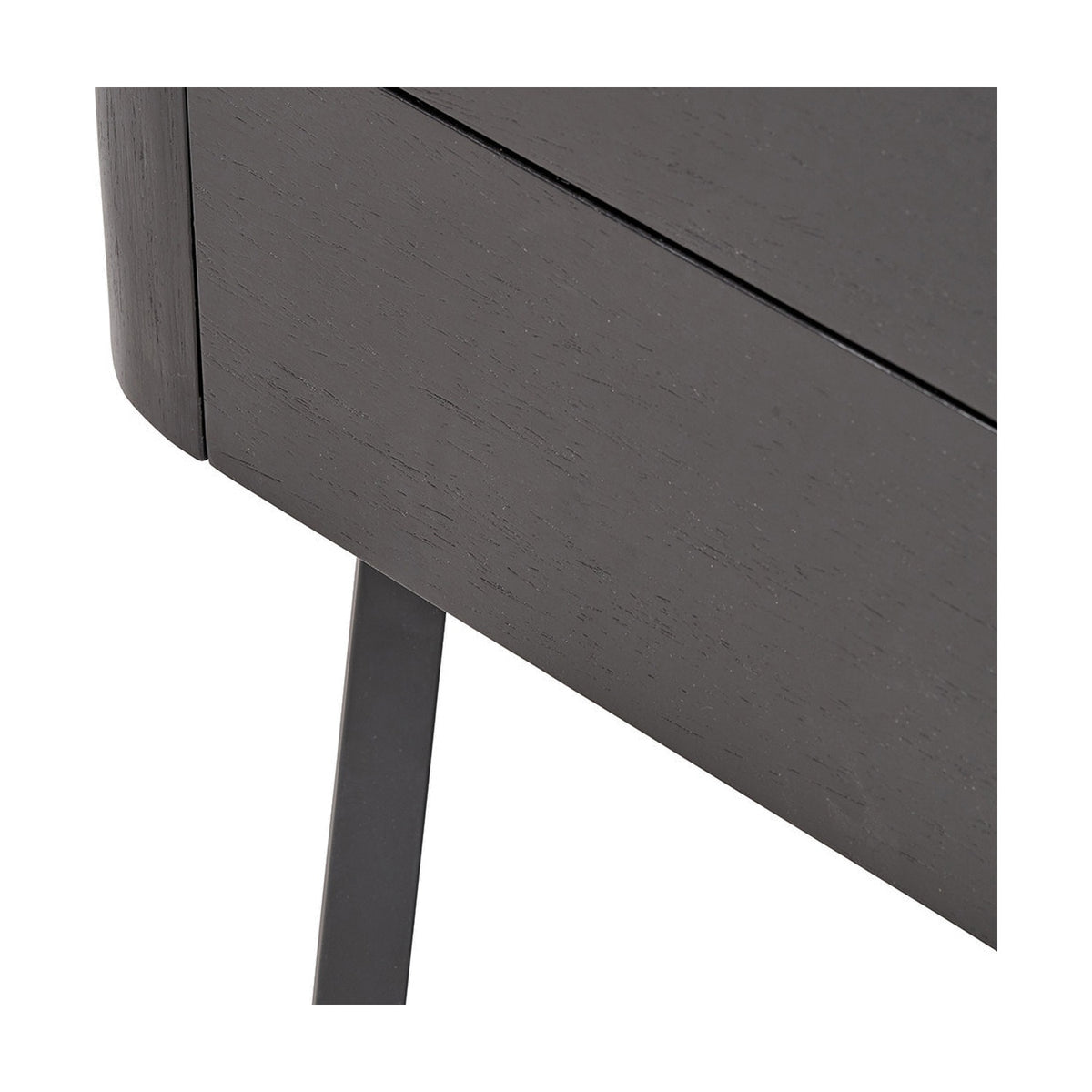 Close-up of the Ukiah Black Ash Veneer & Metal Tall Unit showing rounded corner edge, black wood-grain finish and angled metal leg, on a plain white background.