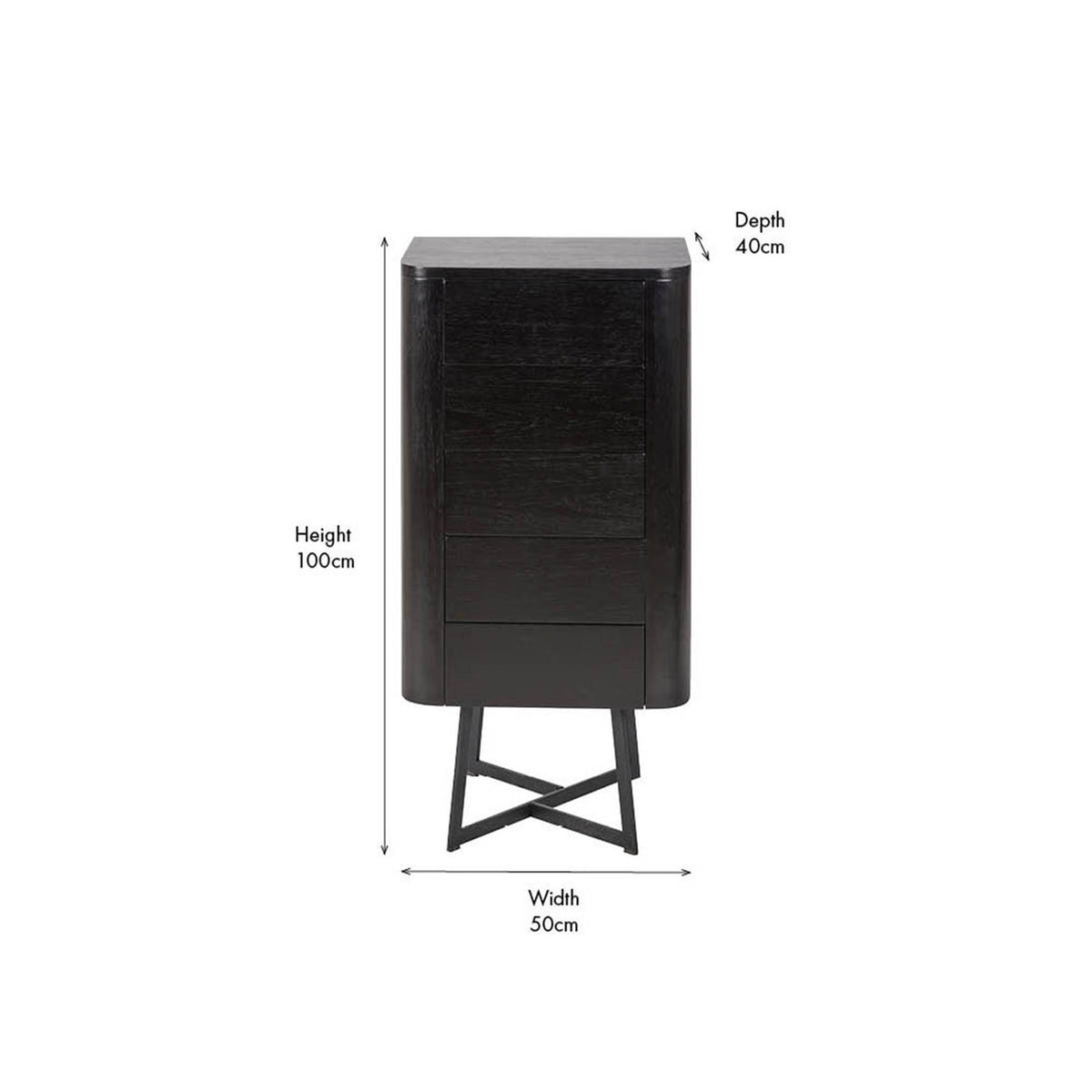 Ukiah black ash veneer tall chest of drawers with five drawers and crossed metal legs, shown with dimension labels: 100cm height, 50cm width, 40cm depth.