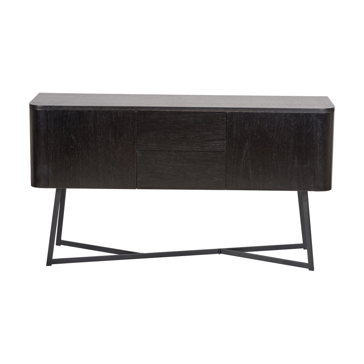 Ukiah black ash veneer sideboard with two doors and two centre drawers, rounded ends, and angled black metal legs, shown on a plain white background.