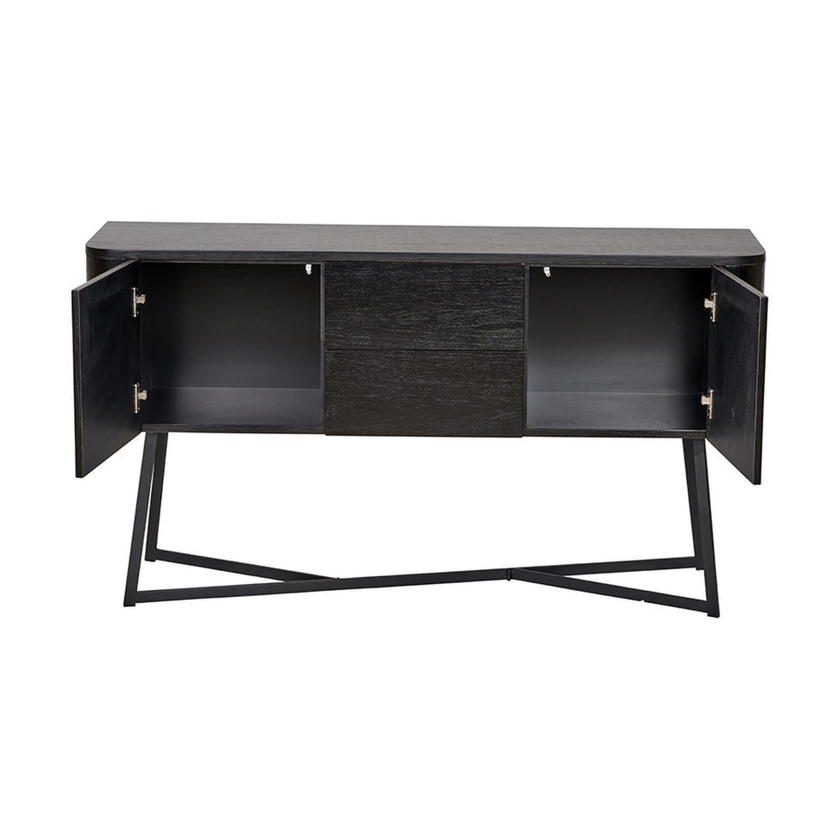 Ukiah black ash veneer sideboard with two open doors revealing shelving, central drawers, and angled black metal legs, shown on a white background.