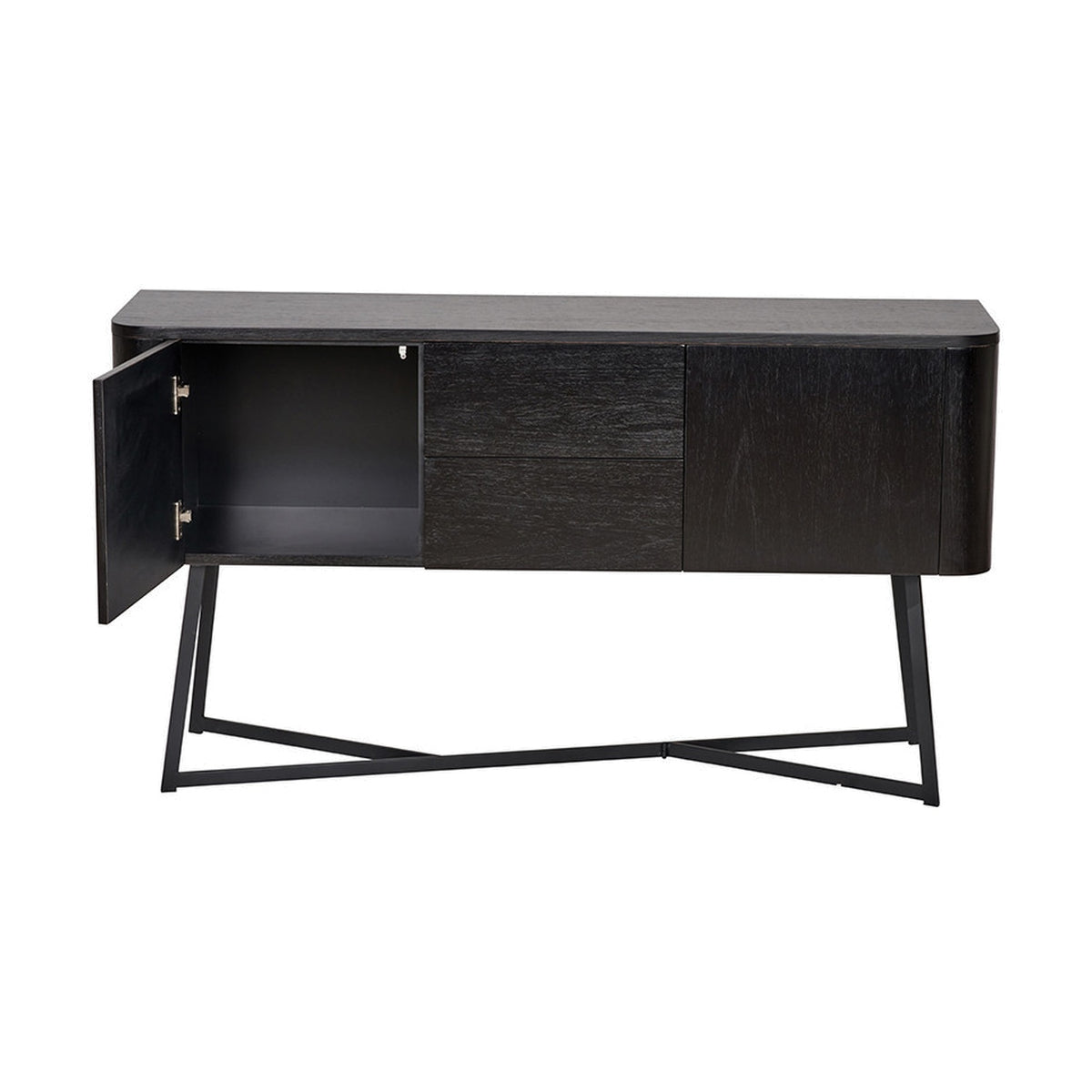 Ukiah black ash veneer sideboard with one open door revealing an interior shelf, two central drawers, angled black metal cross-frame legs, on a white background.