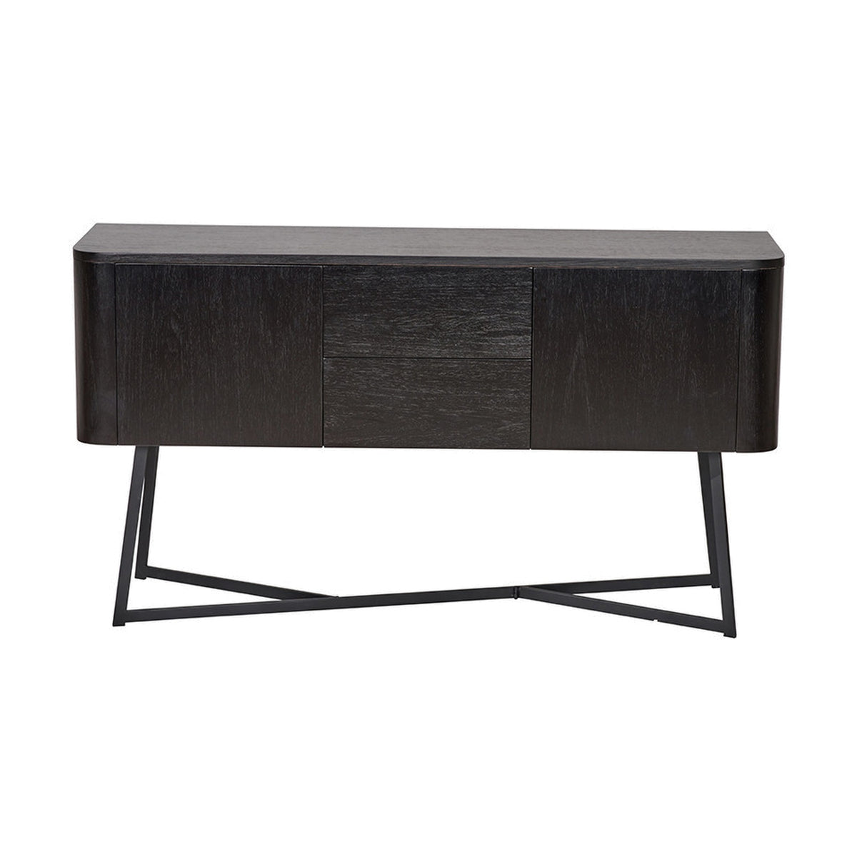 Ukiah black ash veneer sideboard with two doors, two central drawers, and angled black metal cross-frame legs, shown on a plain white background.