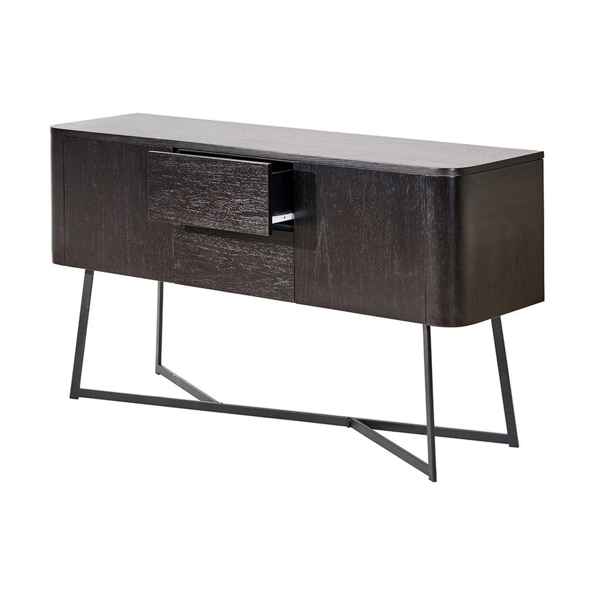 Ukiah black ash veneer sideboard with two doors and one open drawer, angled metal legs, on a plain white background.
