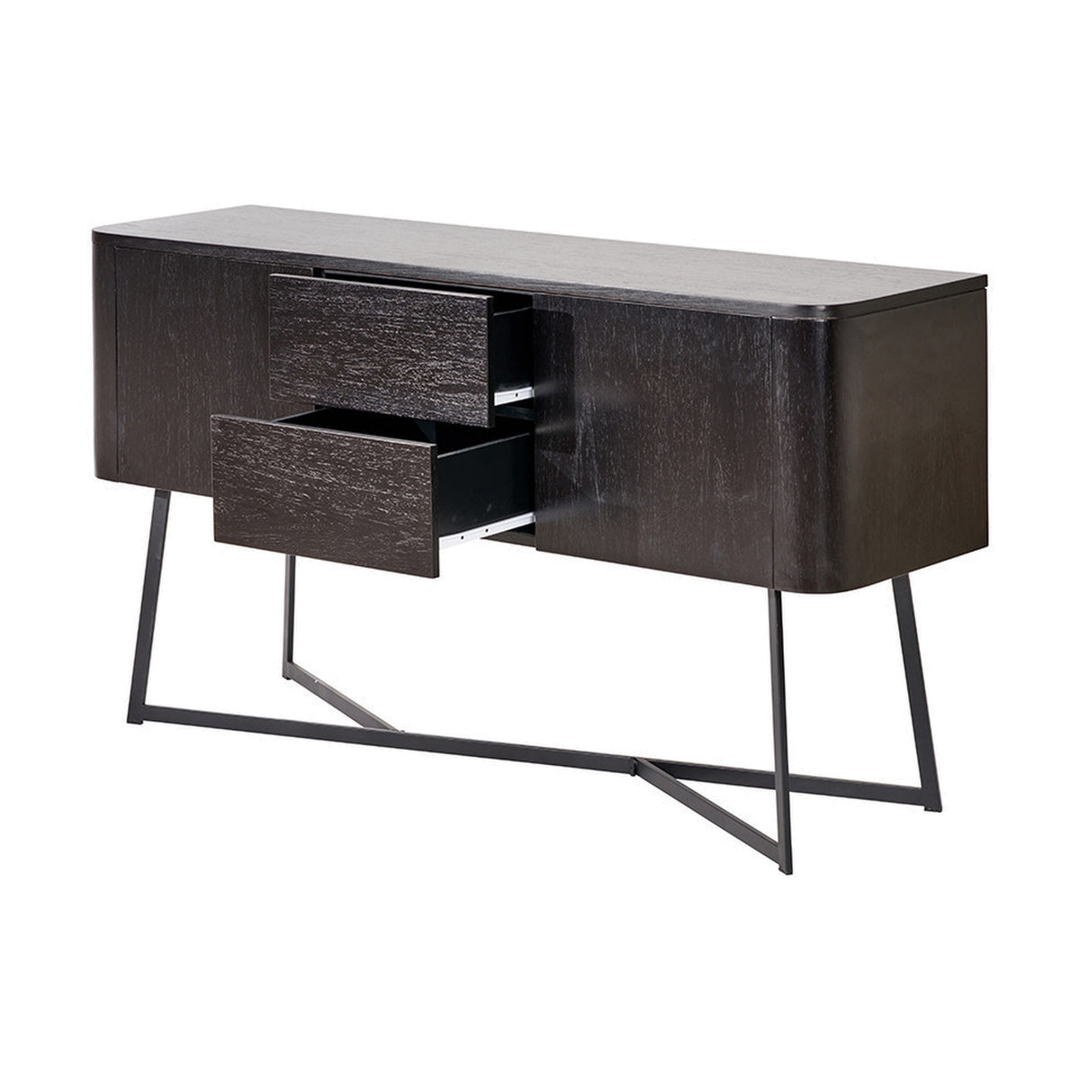Ukiah black ash veneer sideboard with two open drawers and a closed door, angled black metal legs, shown on a plain white background.