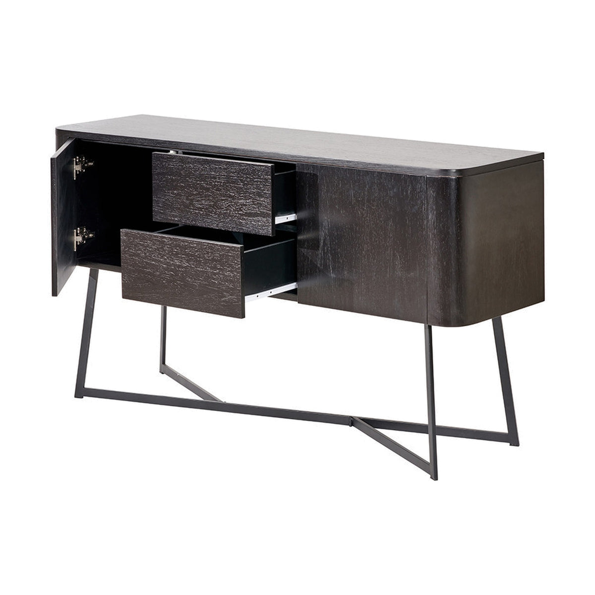 Ukiah black ash veneer sideboard with two open drawers and cabinet door revealing interior, angled metal legs, shown on a plain white background.