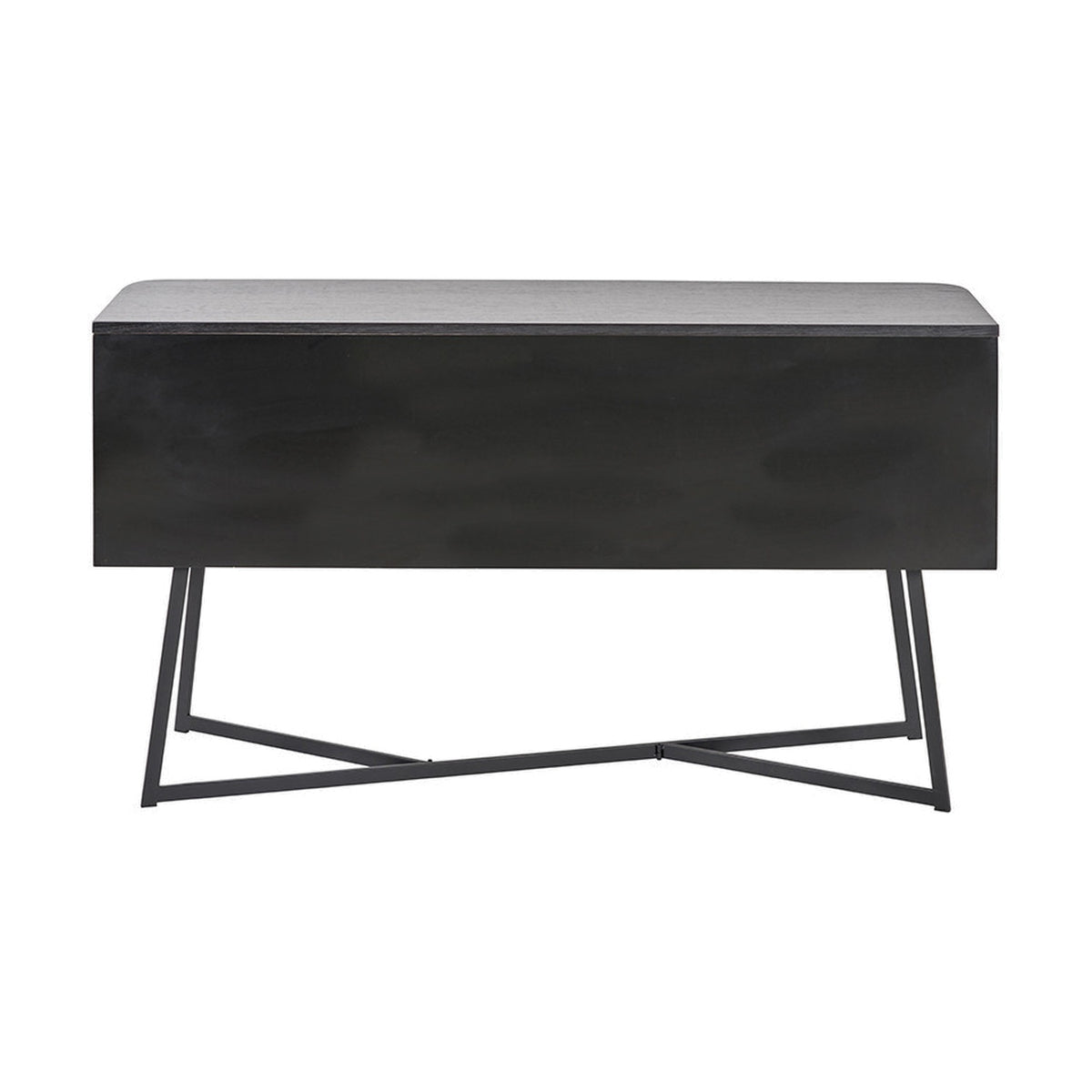 Ukiah black ash veneer sideboard with overhanging top, solid front panel, and angled black metal cross-frame legs, shown on a plain white background.