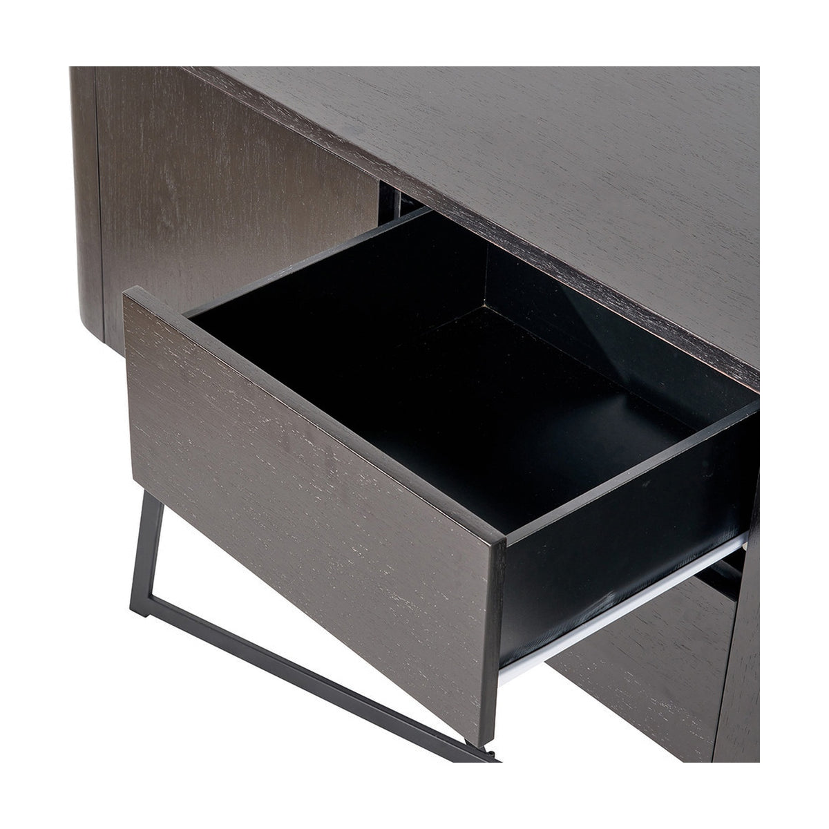 Close-up of the Ukiah Black Ash Veneer & Metal Sideboard's open drawer, showing black interior lining, dark wood-effect front, and angled black metal legs.