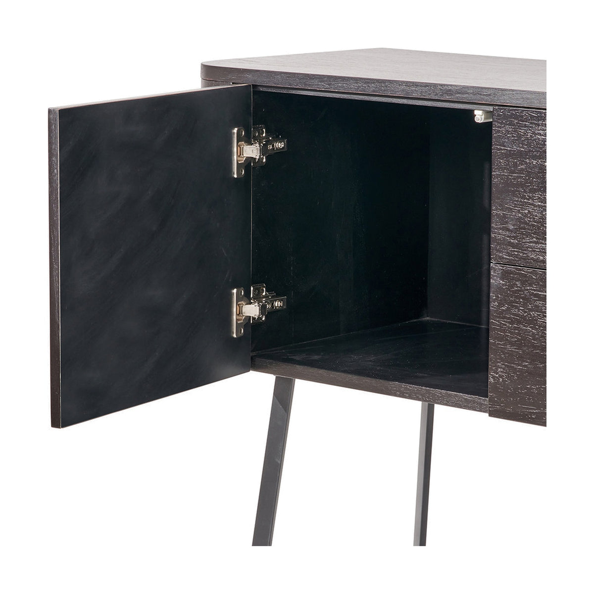 Close-up of the Ukiah Black Ash Veneer & Metal Sideboard with one door open, showing black interior, chrome hinges, and angled metal legs on a white background.