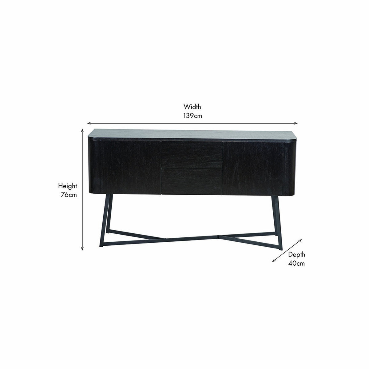 Ukiah black ash veneer sideboard with two doors and a drawer, shown with dimensions 139cm width, 76cm height and 40cm depth on angled black metal legs, plain white background.