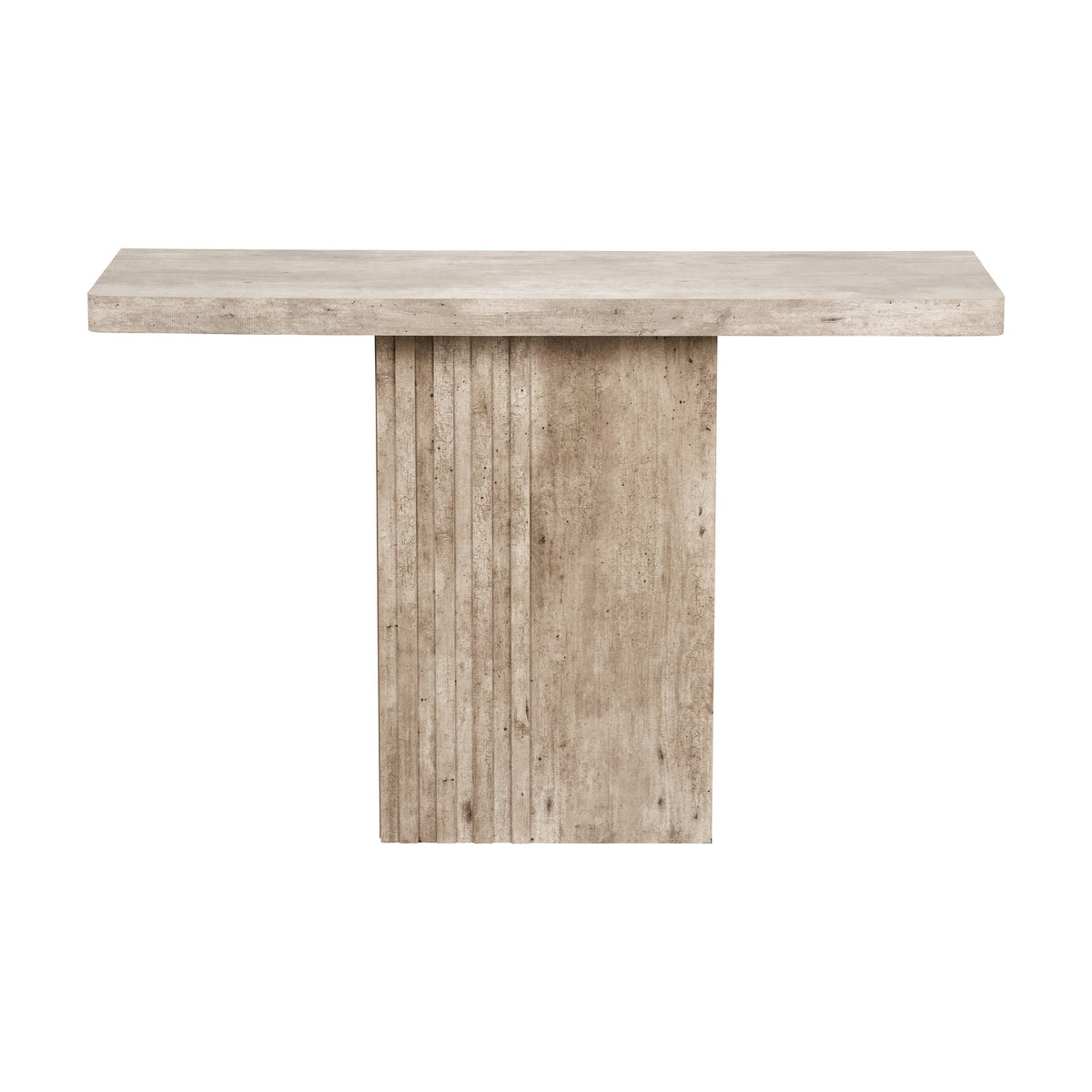 Elkton Concrete Effect Wood Veneer Groove Detail Console Table, 76cm tall, with a rectangular top and a ribbed, grooved solid panel base, shown on a plain white background.