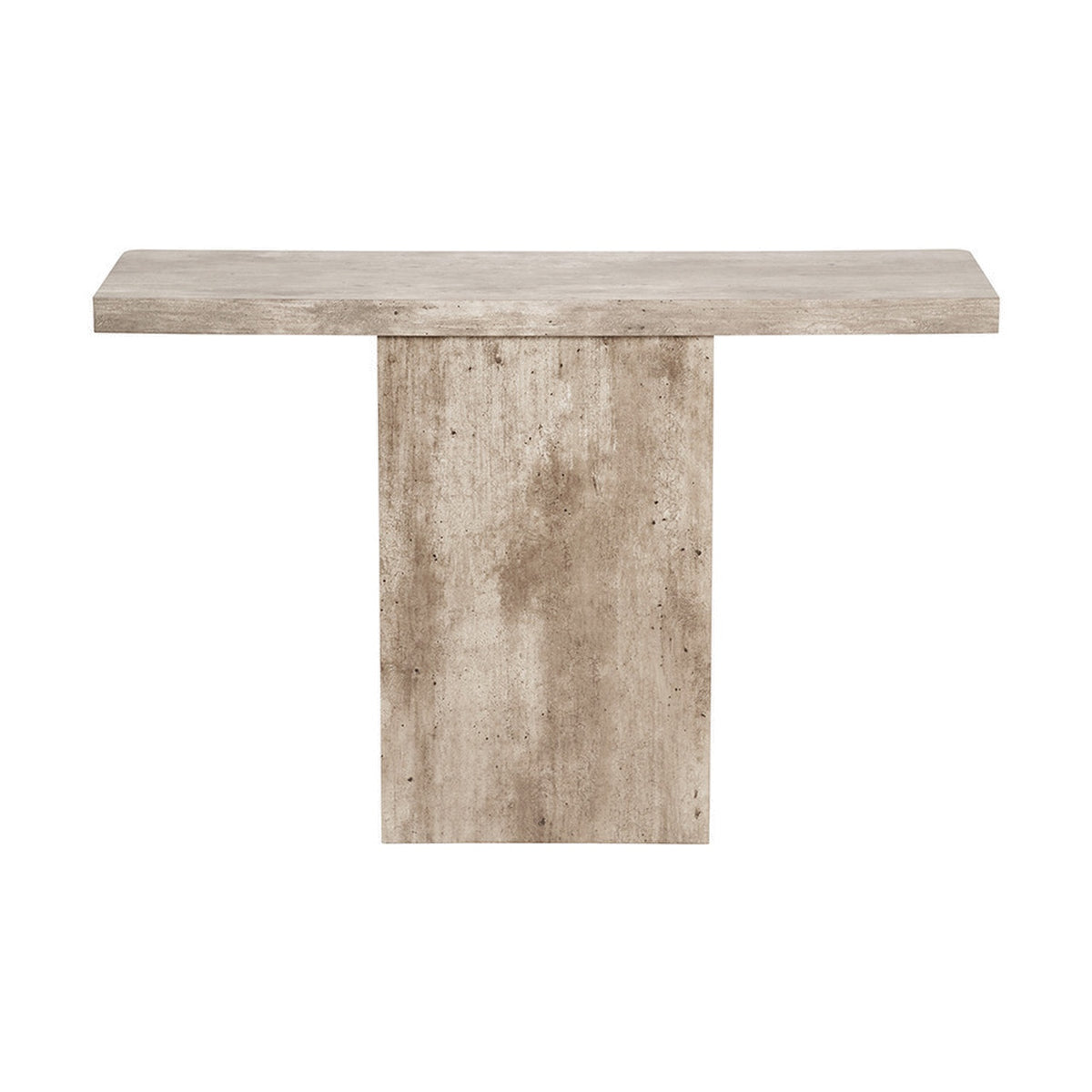 Elkton Concrete Effect Wood Veneer Console Table, 76cm, with a rectangular top and central T-shaped pedestal base in a mottled stone-grey finish, shown against a plain white background.