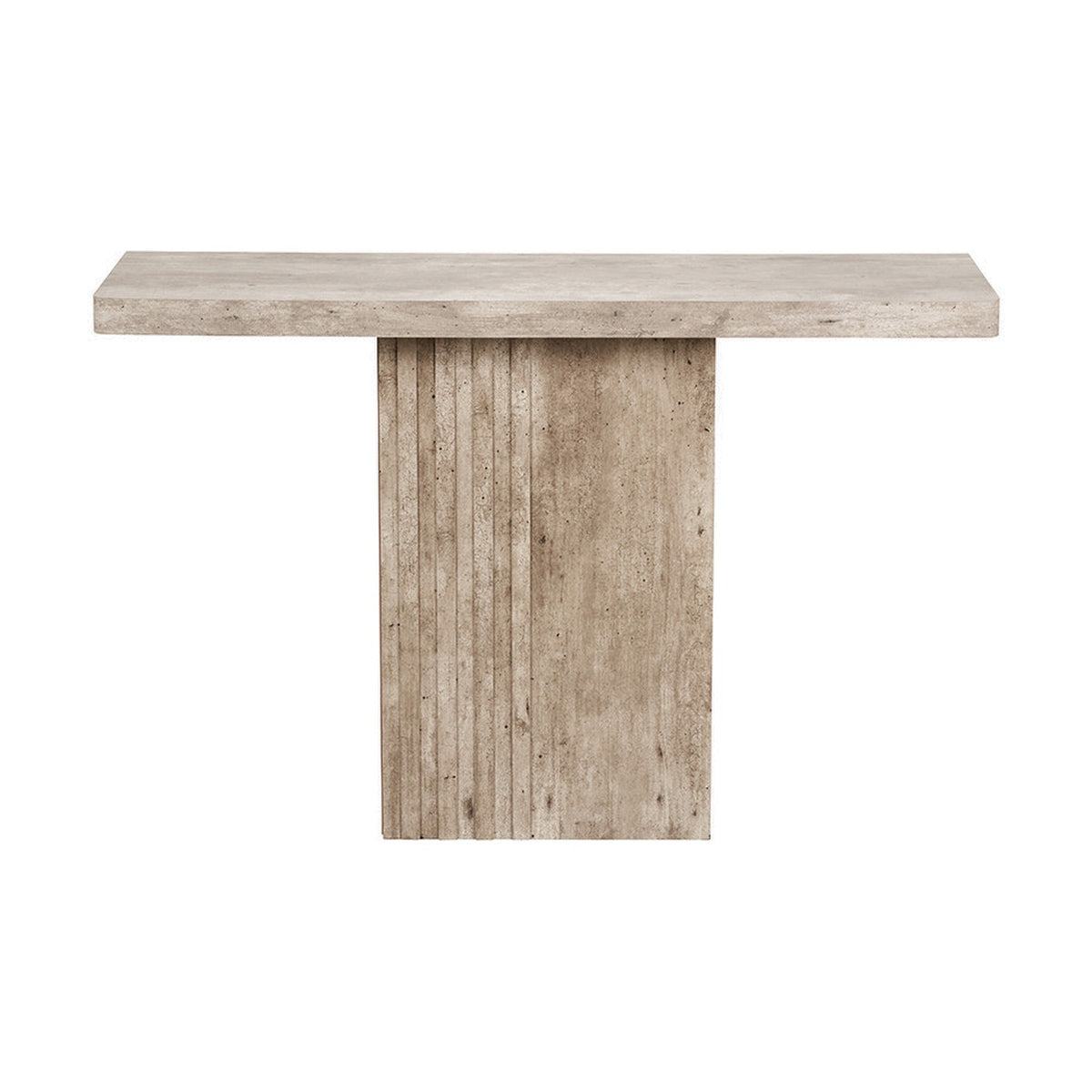 Elkton Concrete Effect Wood Veneer Groove Detail Console Table, 76cm, with rectangular top and grooved solid panel base, on a plain white background.