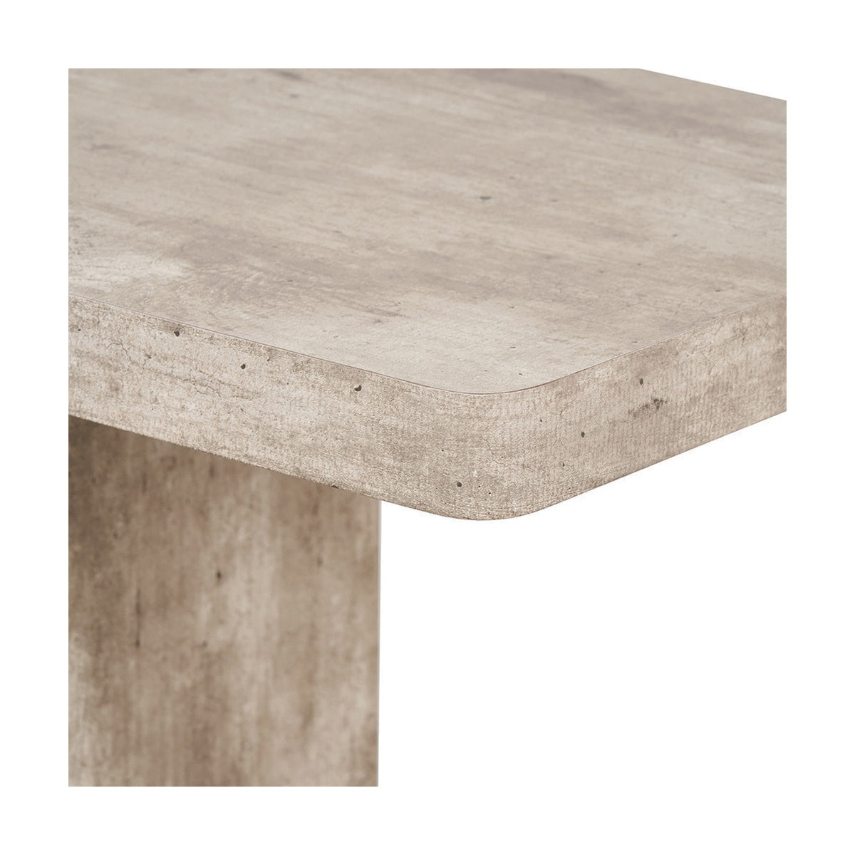 Close-up of the Elkton Console Table's corner, showing a concrete-effect finish with rounded edge detail and a matching square support leg, on a white background.