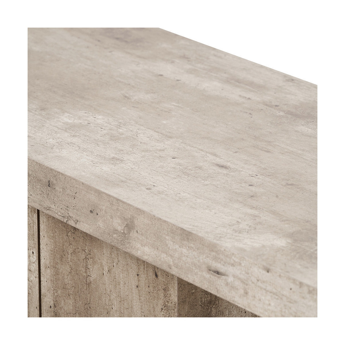 Close-up of the Elkton Console Table's tabletop edge, showing a concrete effect wood veneer finish with visible grain and groove detailing, on a plain white background.