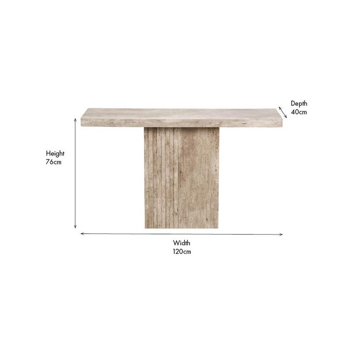 Elkton Concrete Effect Wood Veneer Console Table with rectangular top and grooved pedestal base, shown with labelled dimensions (120cm W x 40cm D x 76cm H) on a white background.