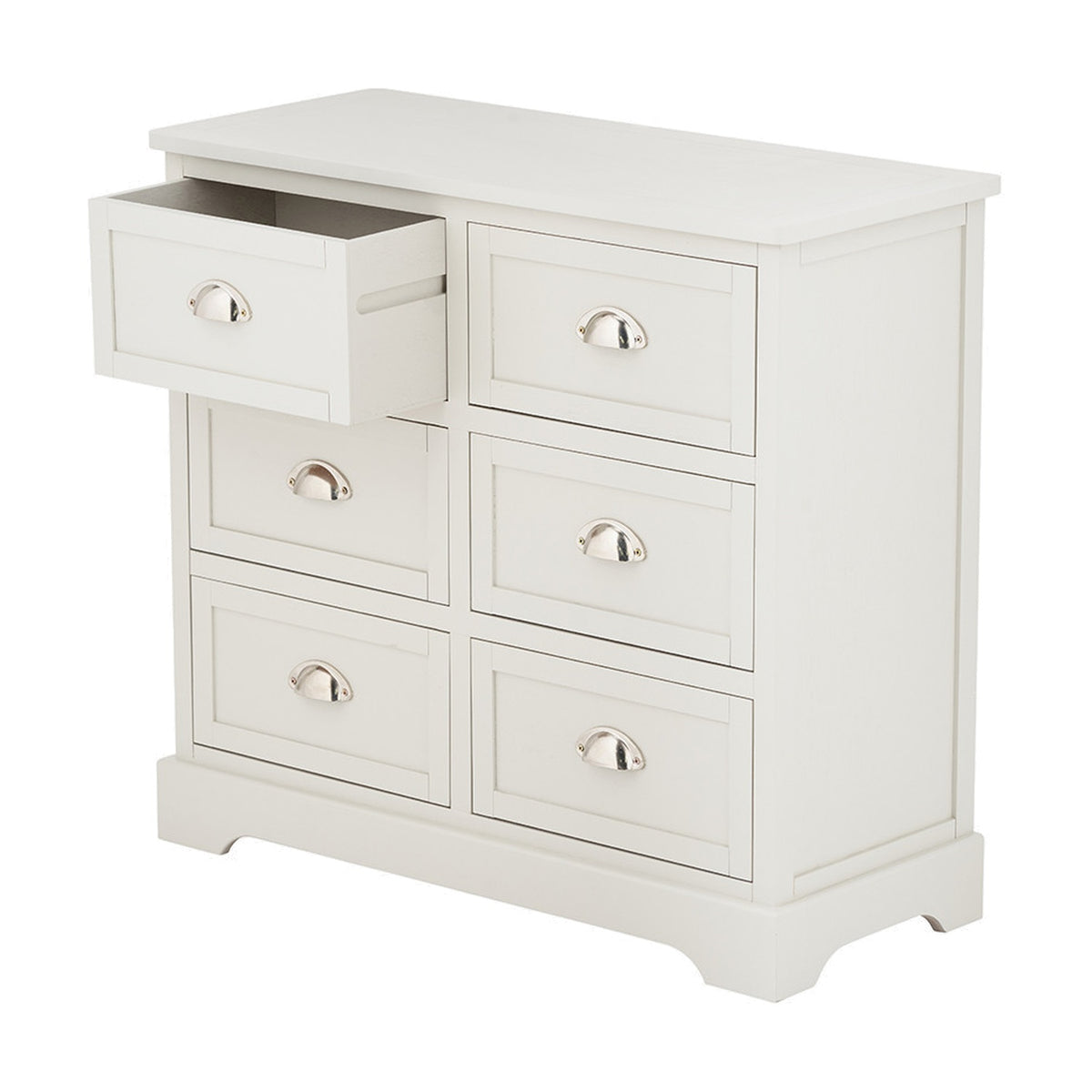 Croft Linen Pine 6 Drawer Unit, a white chest of drawers with six cup-handled drawers, one open, on shaped bracket feet against a plain background.
