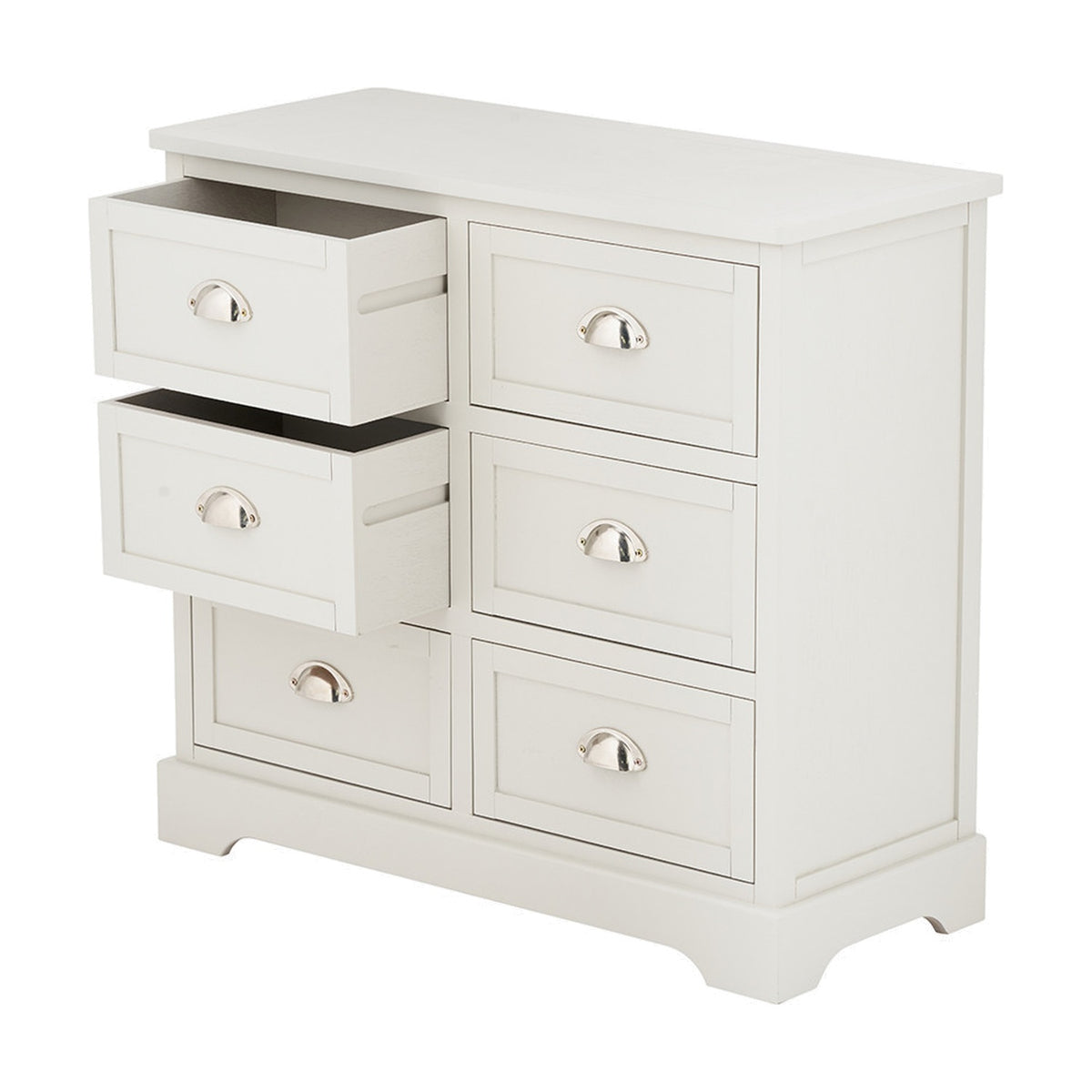 Croft Linen Pine 6 drawer unit chest of drawers in white-painted wood, with two upper drawers open showing cup handles, on a plain white background.