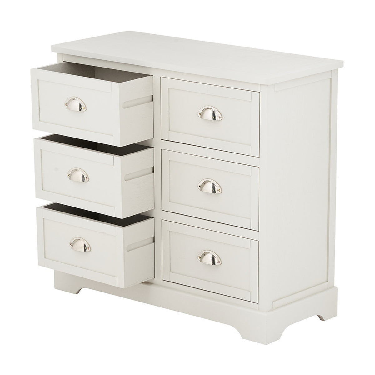 Croft Linen Pine 6 drawer chest with three open drawers showing cup-shaped chrome handles, on a plain white background.