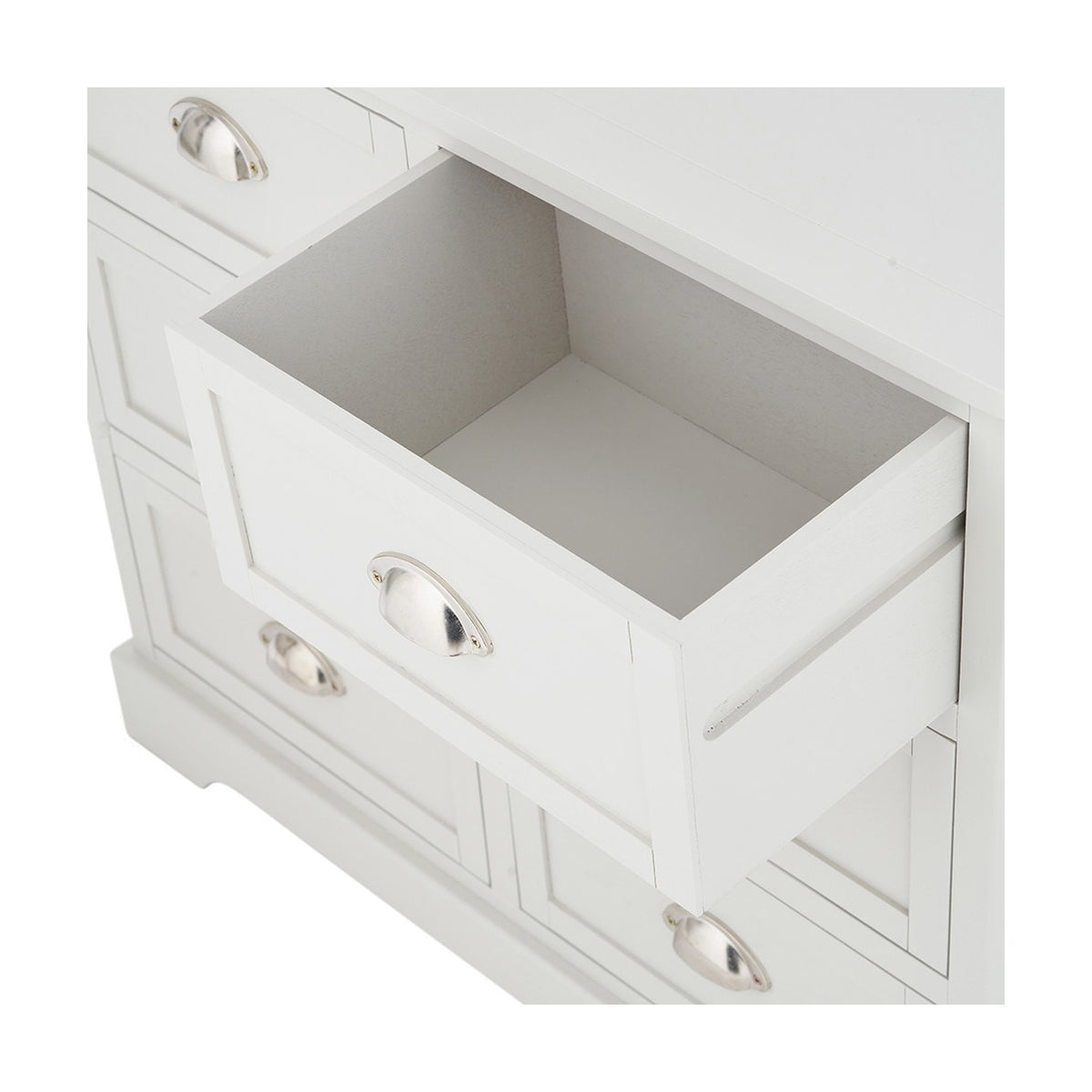 Close-up of the Croft Linen Pine 6 Drawer Unit with one drawer open, showing white wood finish and cup-style silver handles on a light background.