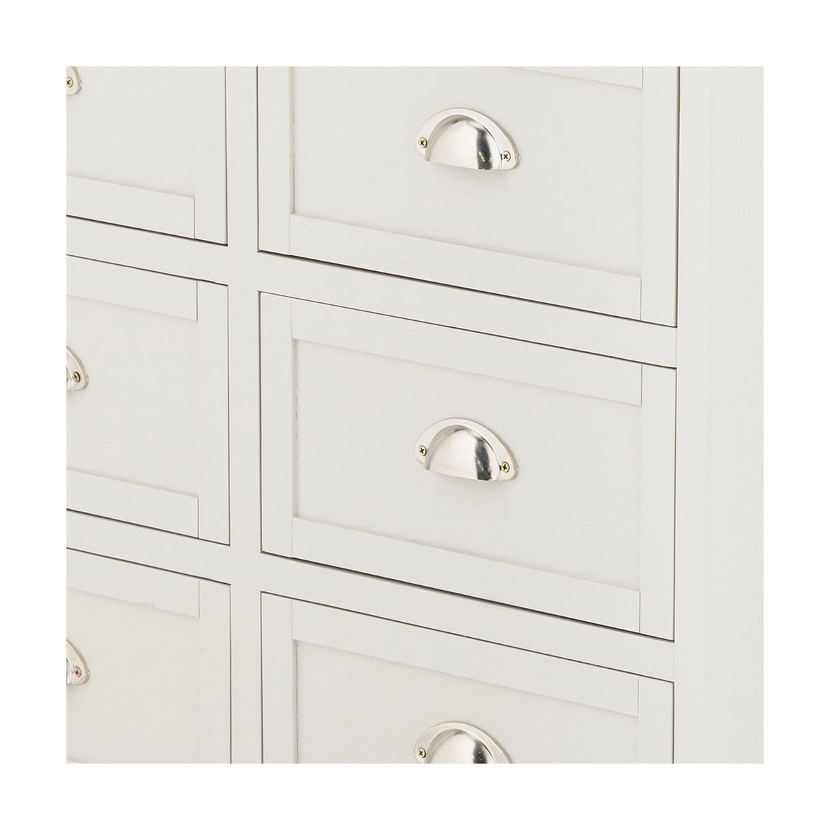 Close-up of the Croft Linen Pine 6 Drawer Unit showing pale wood drawer fronts with panelled detailing and polished cup handles.