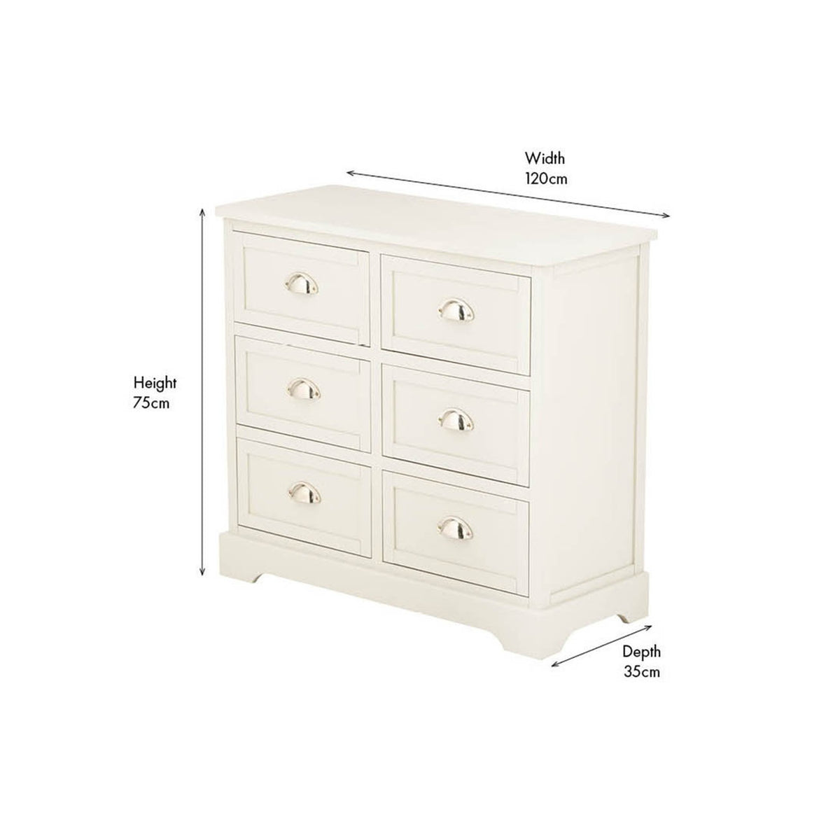 Croft Linen Pine 6 drawer chest with cup handles, six-drawer layout in two columns, white finish, shown with dimension labels (width 120cm, height 75cm, depth 35cm) on a plain background.