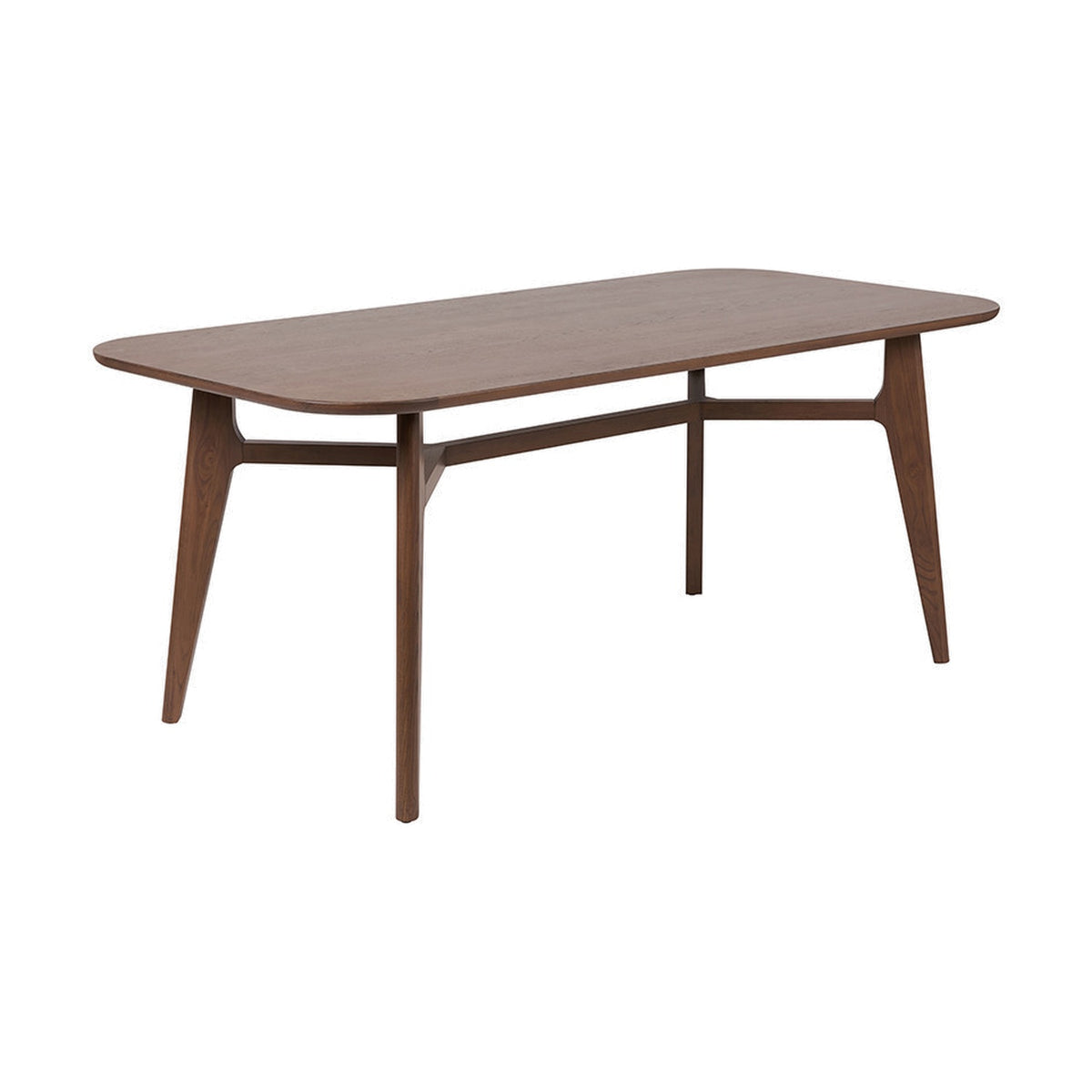 Elias Dark Ash Wood Retro Dining Table with rectangular top, angled tapered legs and cross-brace frame, shown on a plain white background.