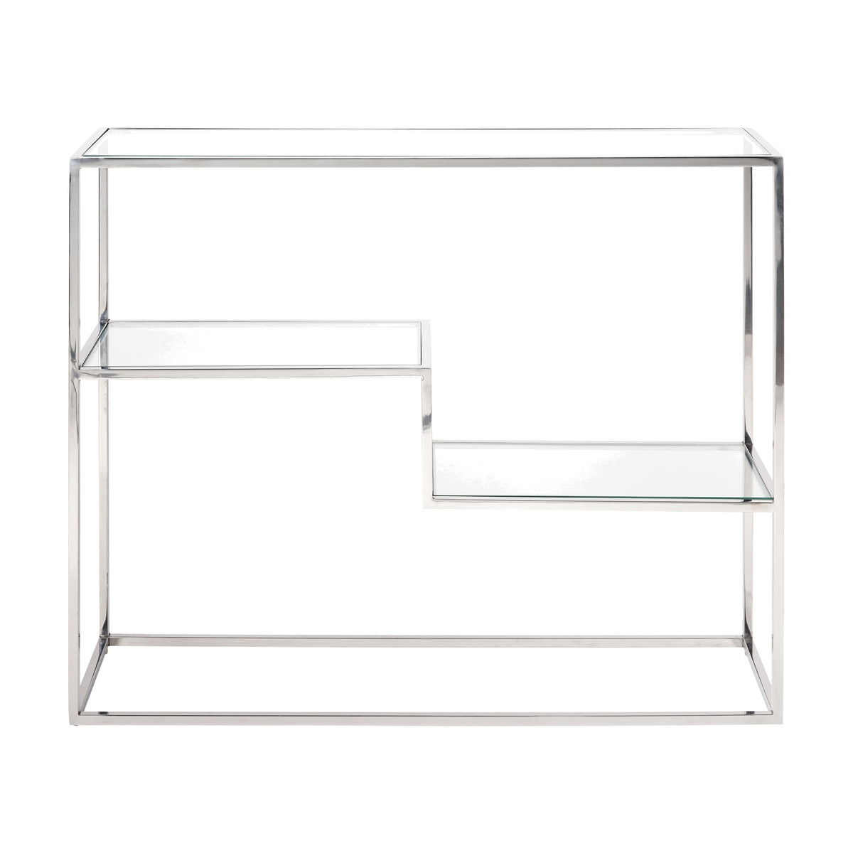 Aleandra console table with clear glass top and two staggered offset shelves in a chrome metal frame, shown on a plain white background.
