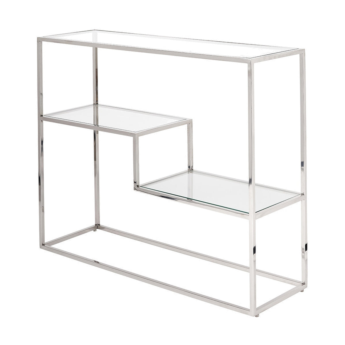 Aleandra console table with clear glass top and two asymmetrical lower shelves on a chrome metal frame, shown on a plain white background.