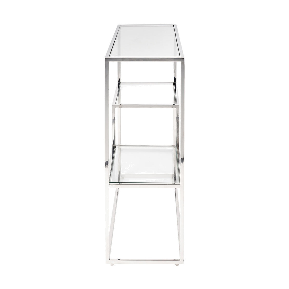 Aleandra console table with clear glass top and two lower shelves on a chrome metal frame, shown against a plain white background.