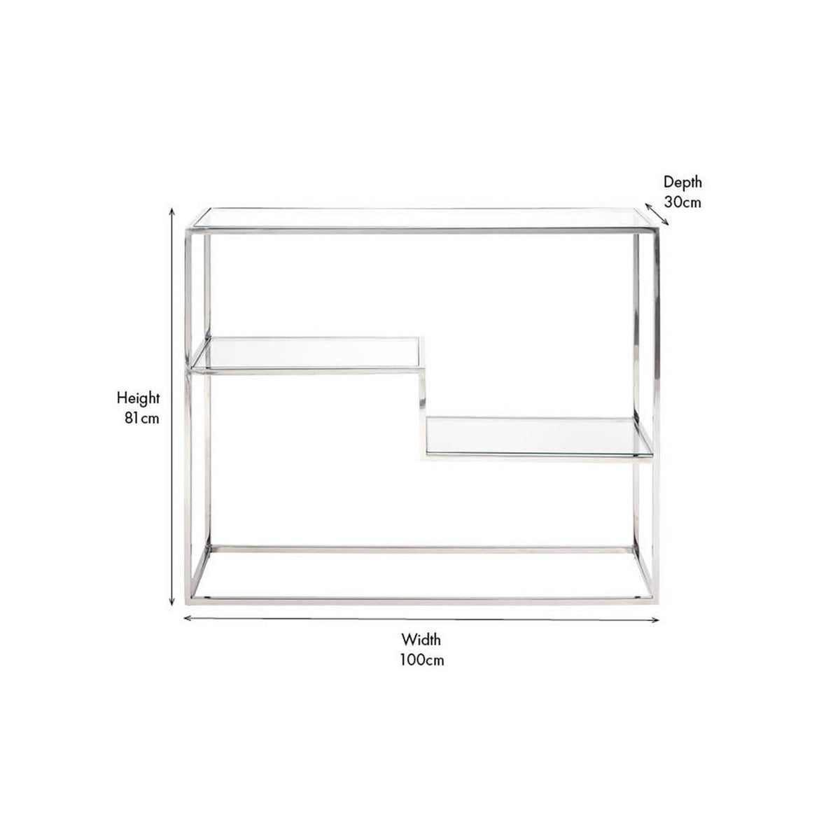 Line drawing of the Aleandra console table showing dimensions: 100cm width, 30cm depth, 81cm height, with chrome frame and two staggered glass shelves.