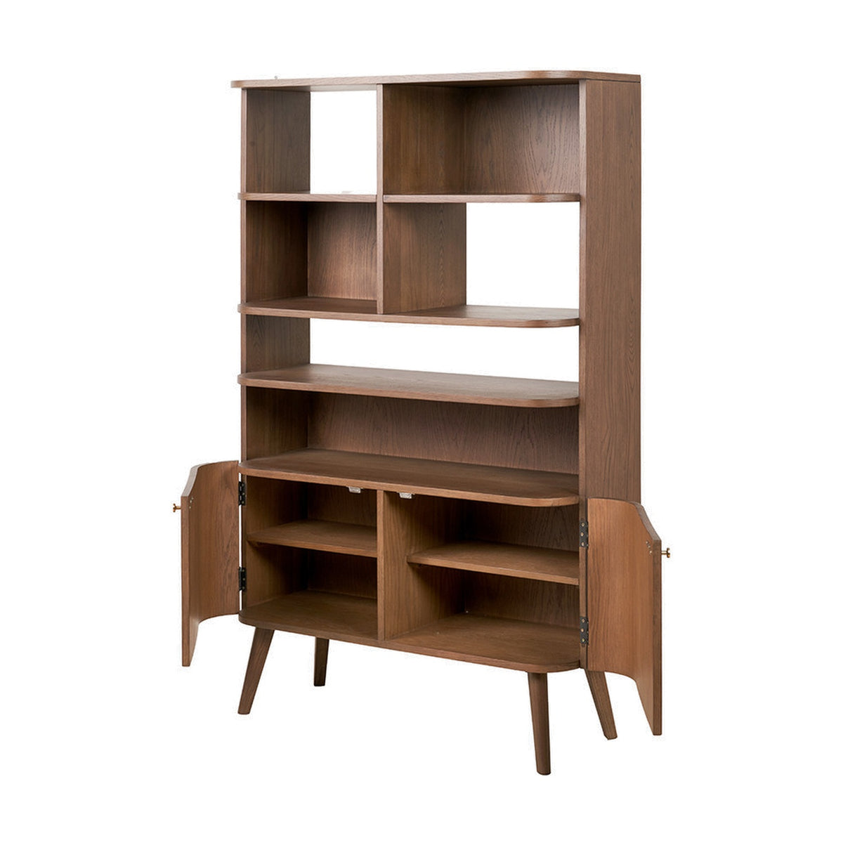 Elias Dark Ash Wood Retro 2 Door, 6 Niche Shelf Shelving Unit - 166cm