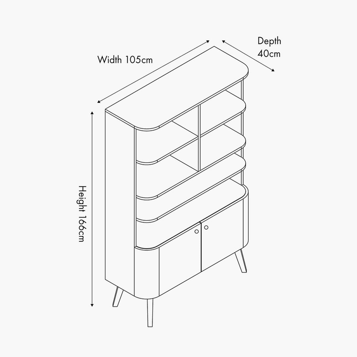Elias Dark Ash Wood Retro 2 Door, 6 Niche Shelf Shelving Unit - 166cm